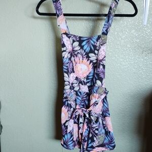 Divided Tropical Floral Jumpsuit - Black and Pink